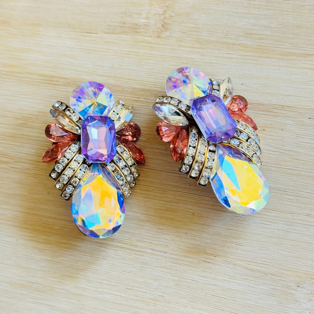 VTG Designs By SD Heart Earrings Austrian Crystal rhinestone Clip Iridescent 80s - Picture 3 of 6